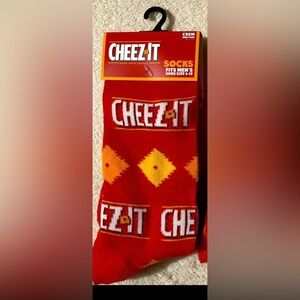 Men’s / unisex novelty crew socks Cheez It. Fits shoe size 6-12.